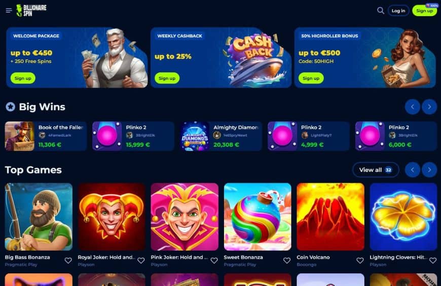 Billionaire Spin Casino Homepage