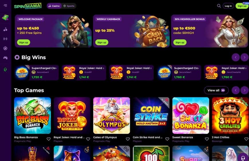 Spinmama Casino Homepage