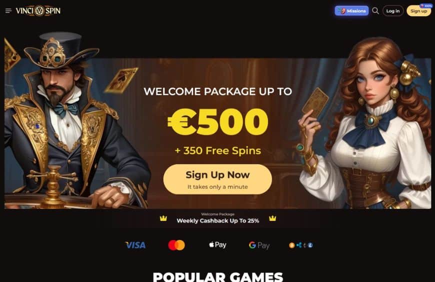 Vincispin Casino Homepage