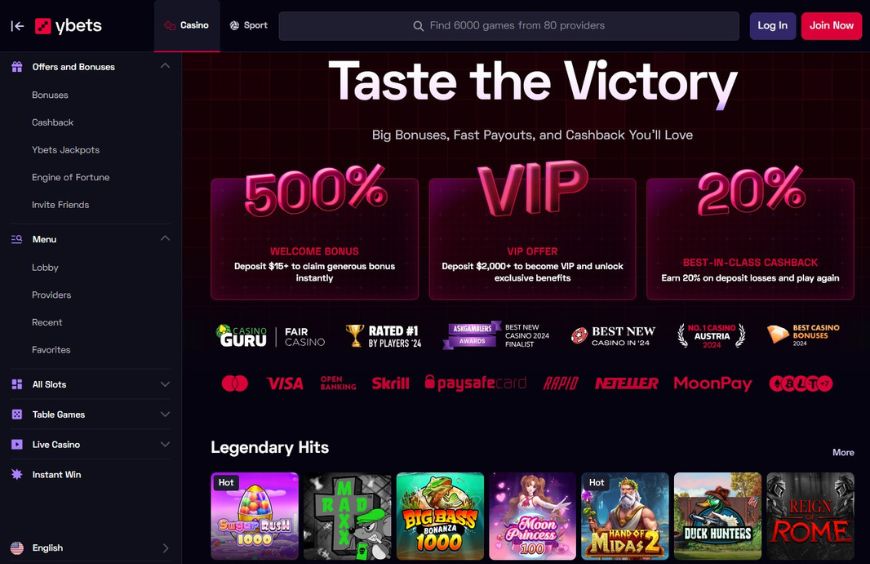 Ybets Casino Homepage