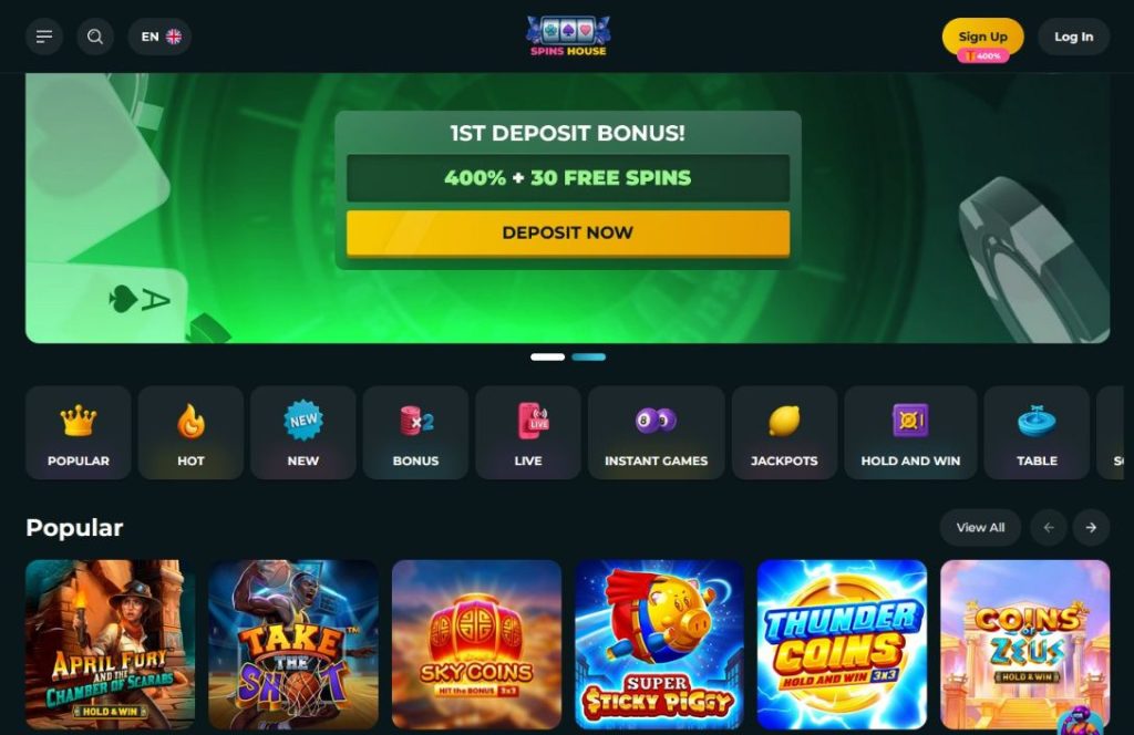 Spins House Casino Homepage